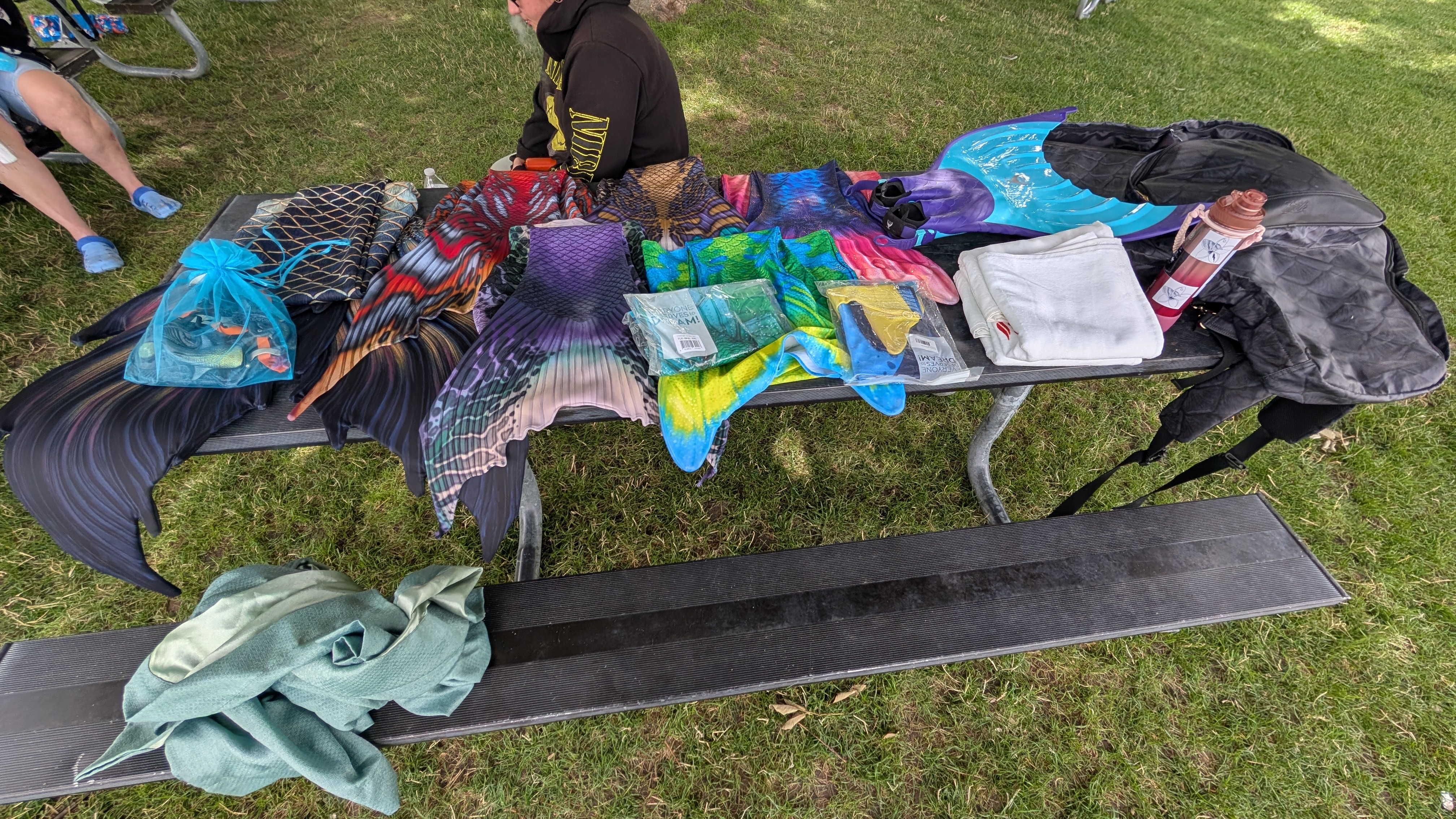 Mermaid tails displayed on bench